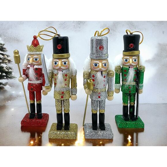 Nutcracker Soldiers Ornaments Set/4 Christmas Tree Crystal Wooden Multicolor NEW - Picture 2 of 2